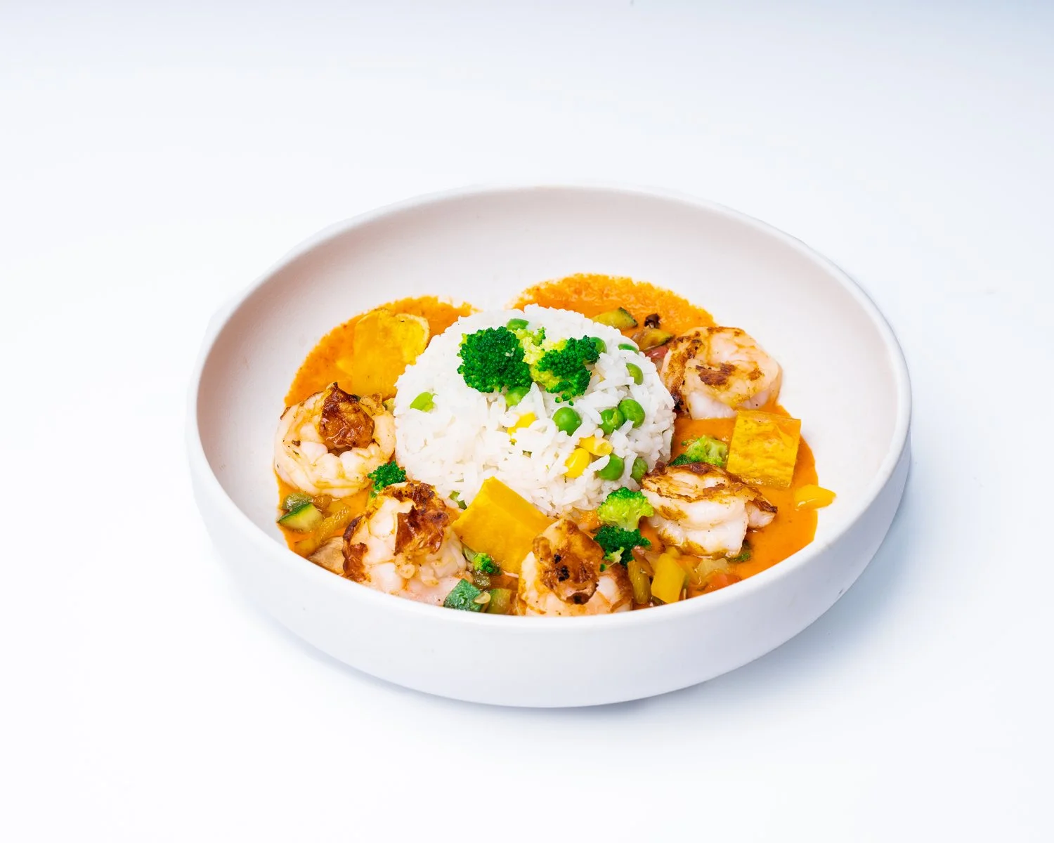 Coconut Prawn Curry — Prawns, mango, coconut curry, jasmine rice.