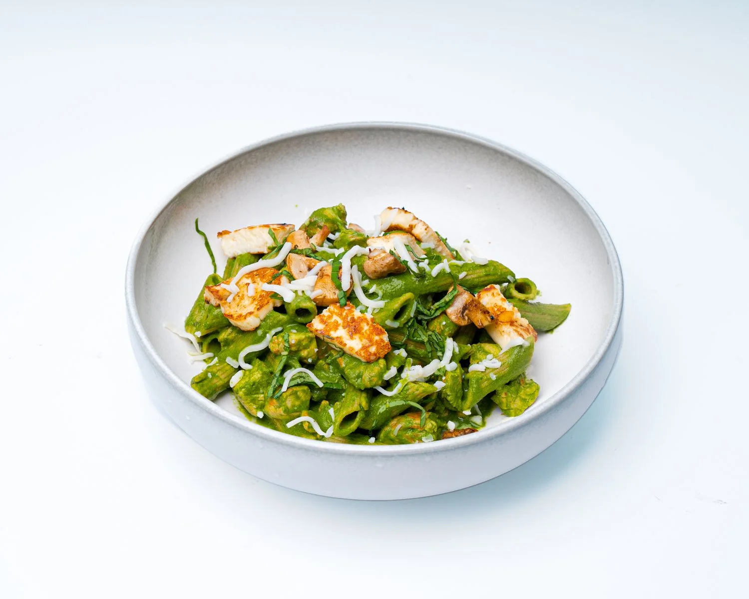 Prawn Pesto Tagliatelle — Basil pesto tagliatelle with garlic prawns.